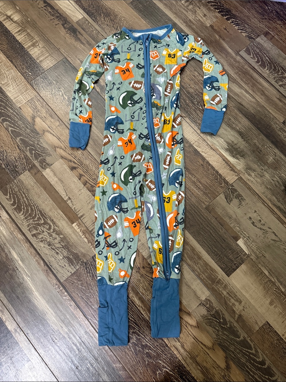 Little Sleepies Green Football-Print Footed One-Piece Pajama‎ with Blue Trim